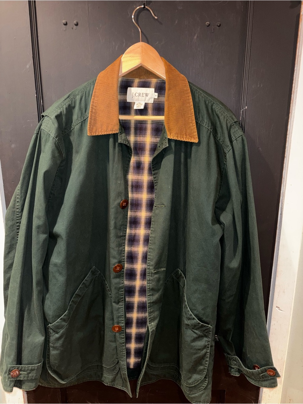 Vintage J.Crew Green Corduroy Collar Chore Field Barn Jacket Plaid Lining Size M
